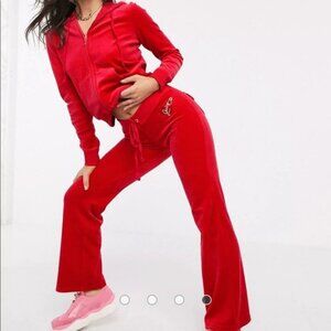 Juicy Couture SET Red Velour Zip Up Jacket Flare Pants Glittering Crown S Y2K